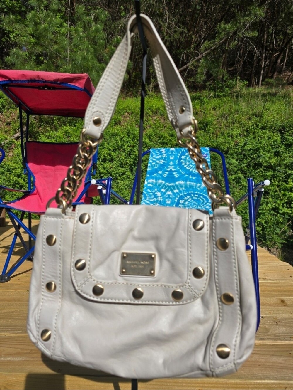 Michael Kors Cream Leather Shoulder Bag with Gold Chain Detail